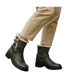 Steve Madden NWOT Brixton Brown Shearling-Lined Harness Moto Boots Leather 10